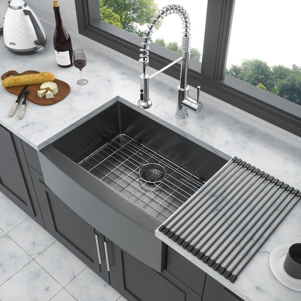 Staykiwi 27 in. Farmhouse Apron-front Single Bowl 16-Gauge Gunmetal Black Stainless Steel Kitchen Sink Bottom Grids