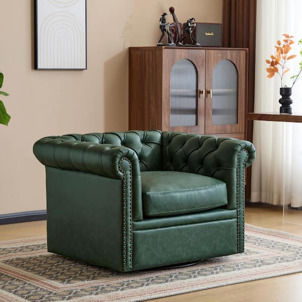 CHRISTOPHER KNIGHT HOME Bentar Faux Leather Upholstered Tufted Chesterfield 360° Swivel Club Chair with Nailhead Trim, Green