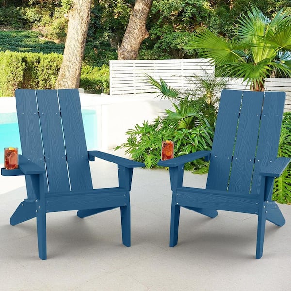 Oversize Modern Navy Plastic Outdoor Patio Adirondack Chair with Cup Holder (2-Pack)