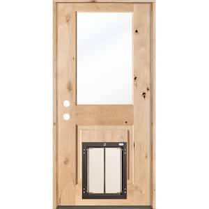 32 in. x 80 in. Knotty Alder Right-Hand/Inswing Clear Glass Unfinished Wood Prehung Front Door with Large Dog Door