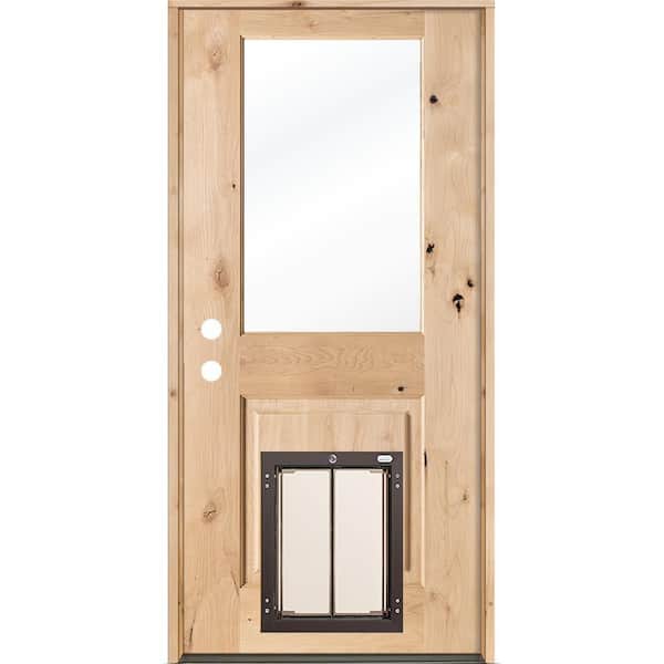 Krosswood Doors 32 in. x 80 in. Knotty Alder Right-Hand/Inswing Clear Glass Unfinished Wood Prehung Front Door with Large Dog Door