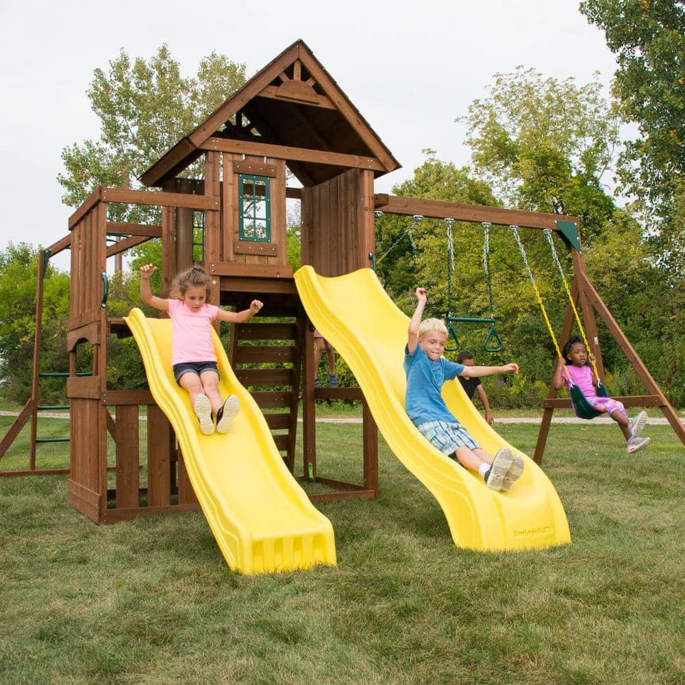 Castlebrook Large Wooden Play Swing Set with Slides and Clubhouse