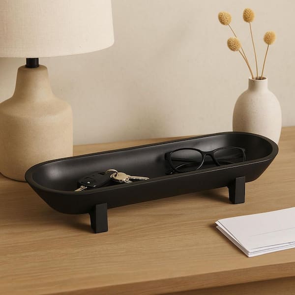 Black Oval Mango Wood Decorative Bowl with Raised-Leg Design