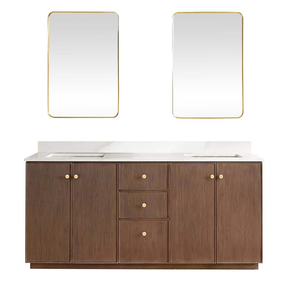 Oza 72 in. W x 22 in. D x 33.9 in. H Double Sink Bath Vanity in Dark Brown with White Qt. Stone Top and Mirror price history on PriceWatchPro