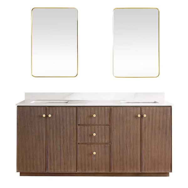 ROSWELL Oza 72 in. W x 22 in. D x 33.9 in. H Double Sink Bath Vanity in Dark Brown with White Qt. Stone Top and Mirror