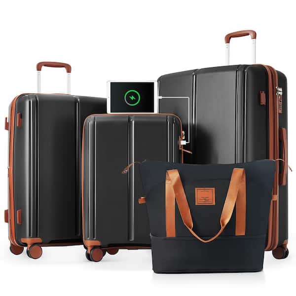 Merax 4-Piece Black and Brown Expandable PP Hardshell Spinner Luggage Set with Travel Bag, TSA Lock