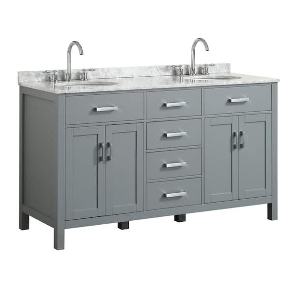 BEAUMONT DECOR Hampton 61 in. W x 22 in. D Bath Vanity in Grey with Marble Vanity Top in White