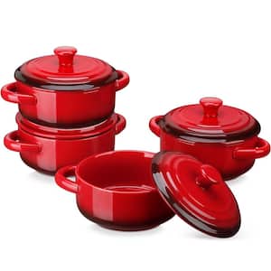 4-Piece Round Ceramic Soup Bowls with Handles, Mini Baking Ramekins, Oven & Microwave Safe Casserole Set, Red
