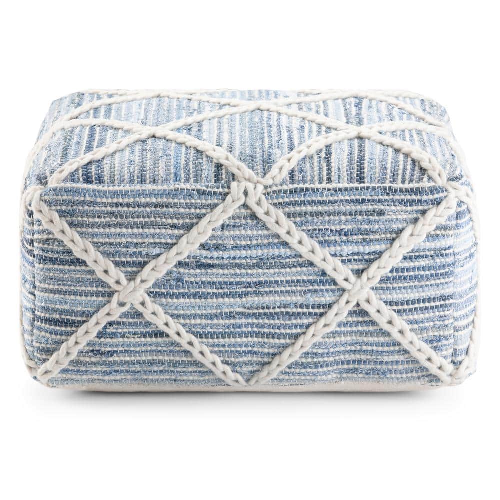 Cowan Boho Handwoven Square Pouf in Blue and Natural