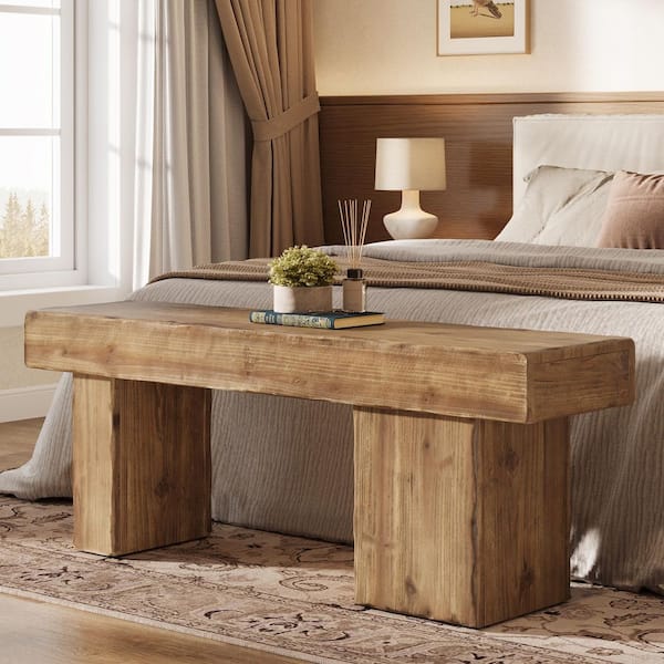 Penvilk Brown Solid Wood Entryway Bench Dining Bench with Asymmetric Legs 47 in.