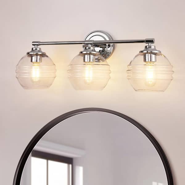 24 in. 3-Light Chrome Modern Globe Vanity Light for Bathroom with Clear Glass Shades