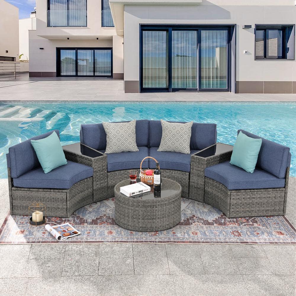 Freestyle Grey 7-Piece Wicker Half Moon Outdoor Patio Conversation Sectional Set with Blue Cushions