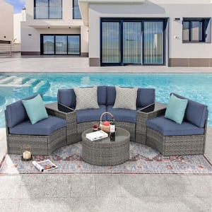 Grey 7-Piece Wicker Half Moon Outdoor Patio Conversation Sectional Set with Blue Cushions