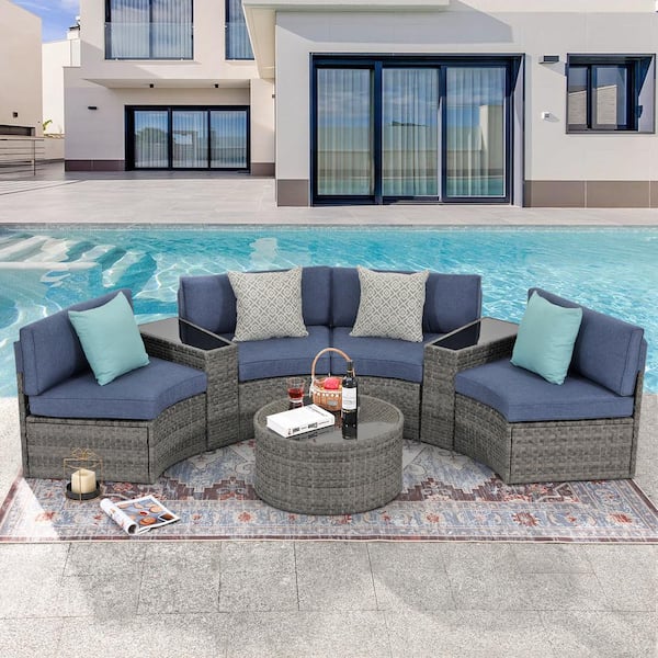 Freestyle Grey 7-Piece Wicker Half Moon Outdoor Patio Conversation Sectional Set with Blue Cushions