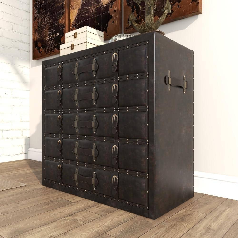 Black Wood Vintage Faux Leather Chest with Buckles and Straps