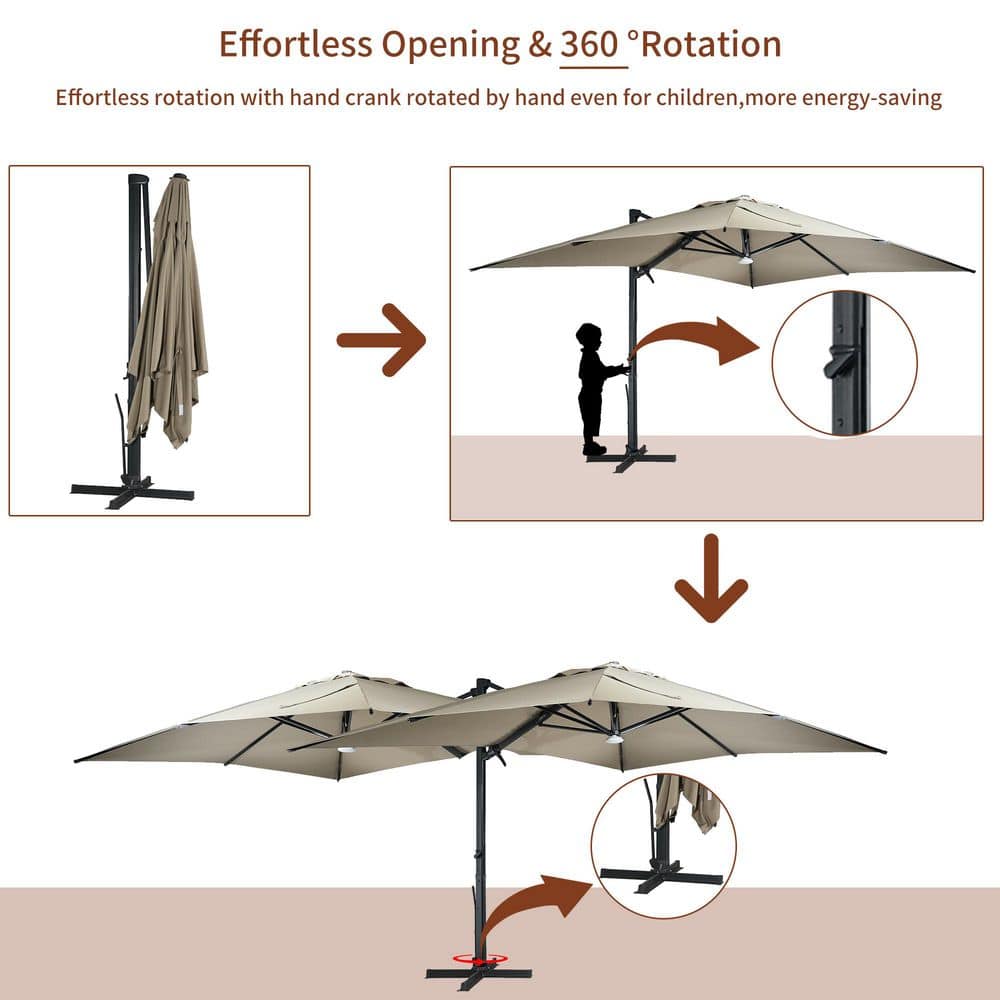 Tan 10x13 FT Aluminum Cantilever Patio Umbrella with LED Light