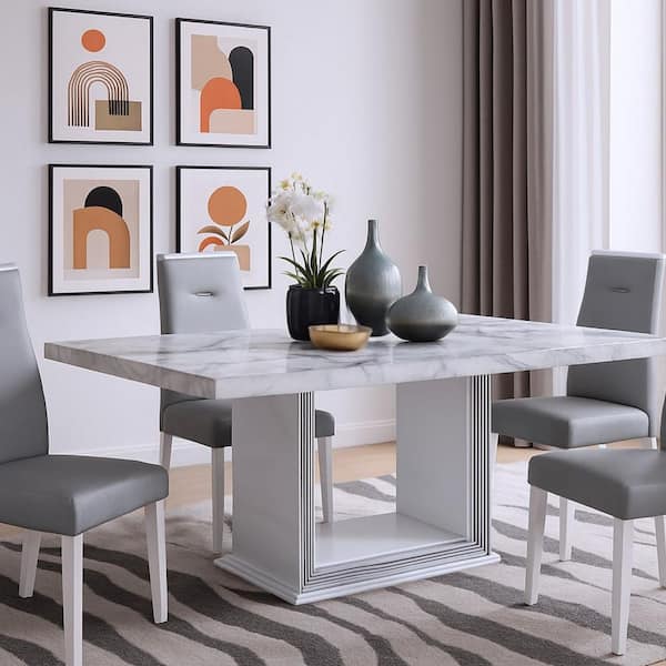 Light Gray Stone 78.70 in. Pedestal Base Dining Table Seats 6