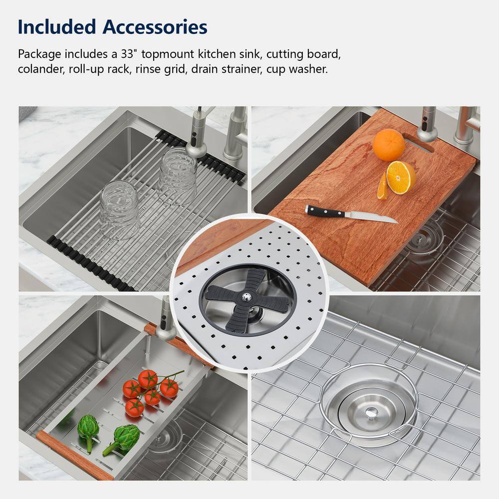 33 Inch Brushed Stainless Steel Drop-In Workstation Sink
