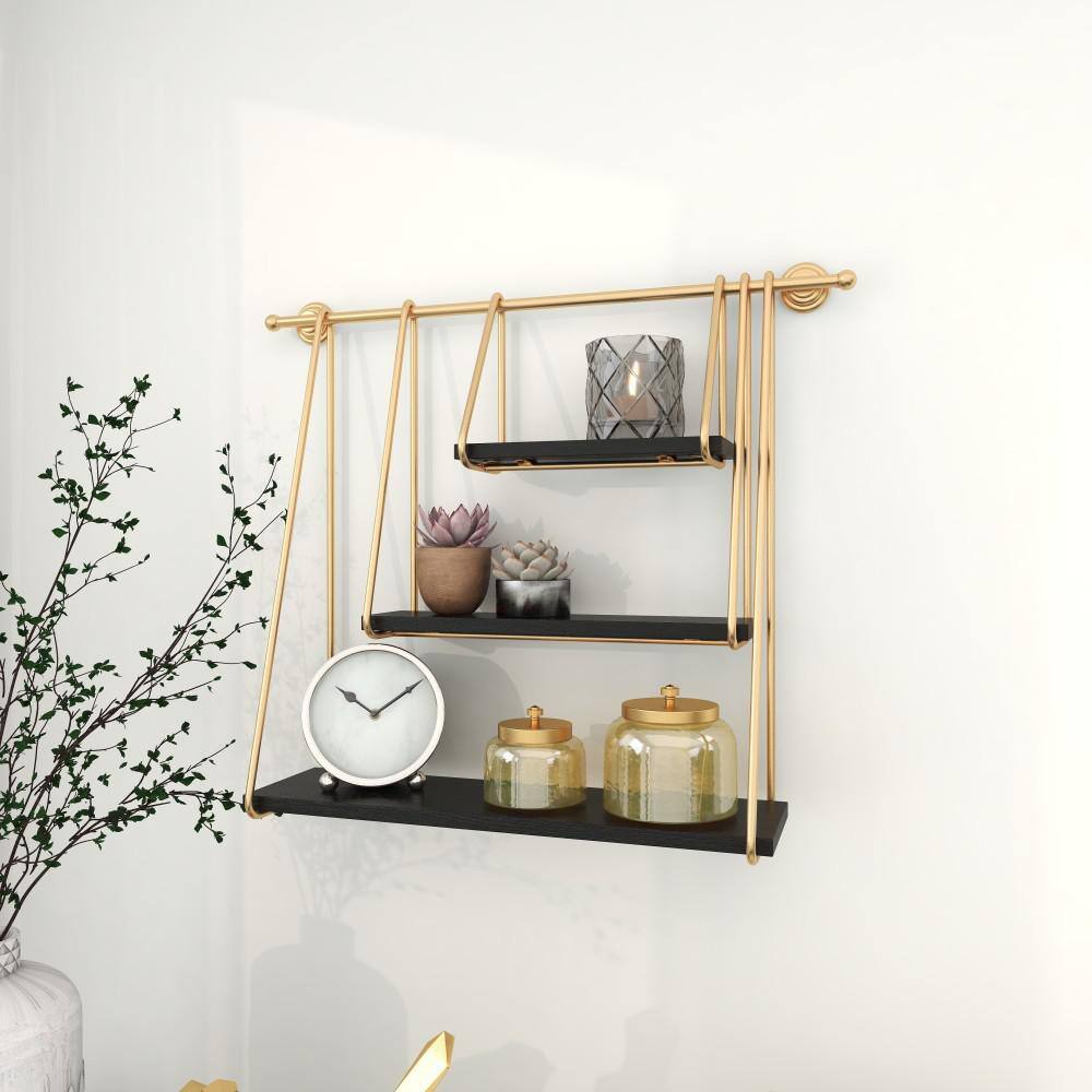 Black and Gold 26" Floating Wood Wall Shelf