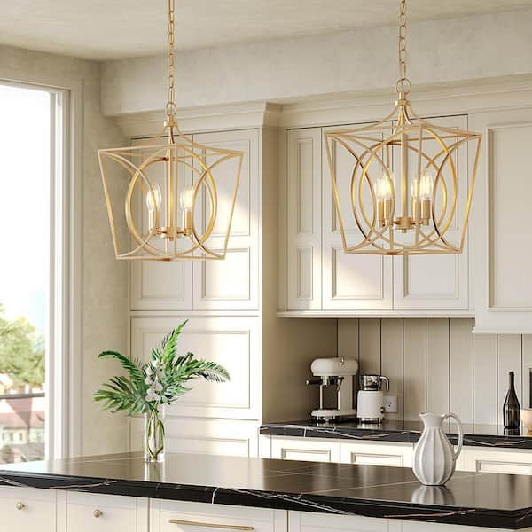 12 in. 4-Light Open Cage Metal Pendant Light, Gold Modern Chandelier for Kitchen Island, Dining Room, Foyer, Entryway