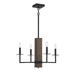 Meridian 26 in. W x 16 in. H 4-Light Black Remington and Wood Finish Chandelier with No Bulbs Included