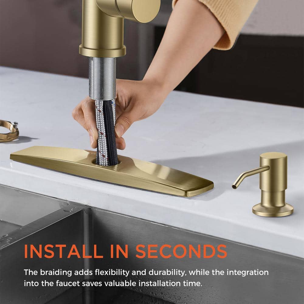 Brushed Gold Stainless Steel Pull Down Kitchen Faucet with Soap Dispenser