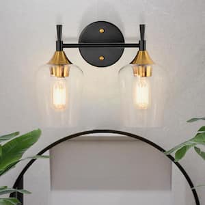 Arlo 13 in. 2-Lights Black and Antique Brass Vanity Light with Clear Wine Glass Shades