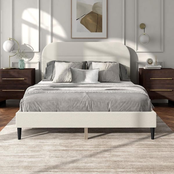 Furniture of America Lumi White Mid Century Modern Boucle Fabric Upholstered Wood Frame Queen Platform Bed