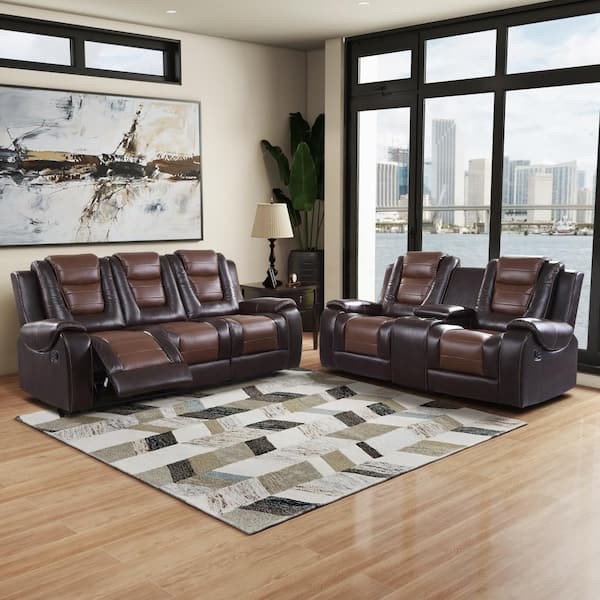 Lazzara Danio 85.5 in. W Straight Arm Faux Leather Rectangle 2-Piece Manual  Reclining Sofa Set in. 2-Tone Brown 9470BR_2 - The Home Depot