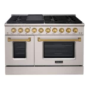 48in. 8 Burners Freestanding Gas Range in Stainless Steel/Gold with Convection Fan Cast Iron Grates and Black Enamel Top