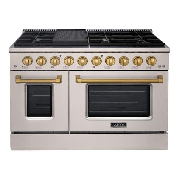 Akicon 48in. 8 Burners Freestanding Gas Range in Stainless Steel/Gold with Convection Fan Cast Iron Grates and Black Enamel Top