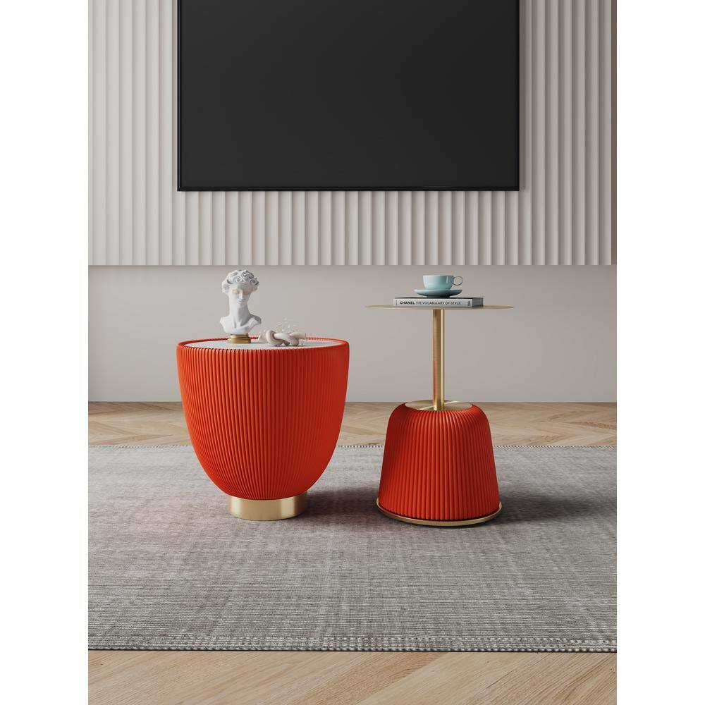 Orange Pleated Leatherette and Gold Metal Round Accent Table Set