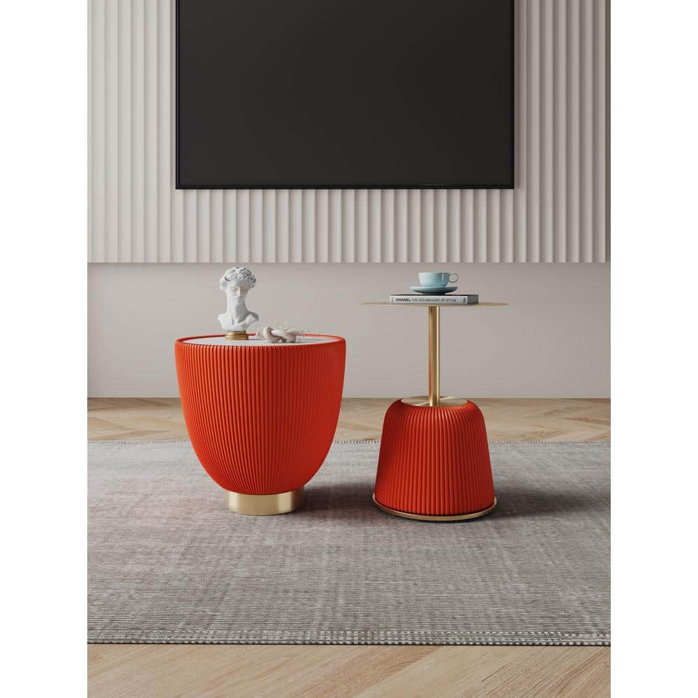 Orange Pleated Leatherette and Gold Metal Round Accent Table Set