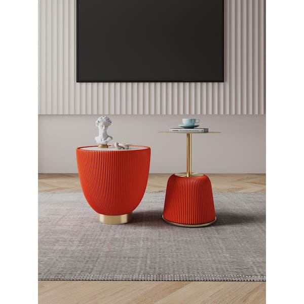 Manhattan Comfort Anderson 18.43 in. Orange Round Faux Leather Upholstered Faux Marble End Table with 15.75 in. Steel End Table