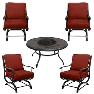 Redwood Valley Black 5-Piece Steel Outdoor Patio Fire Pit Seating Set with Sunbrella Henna Red Cushions