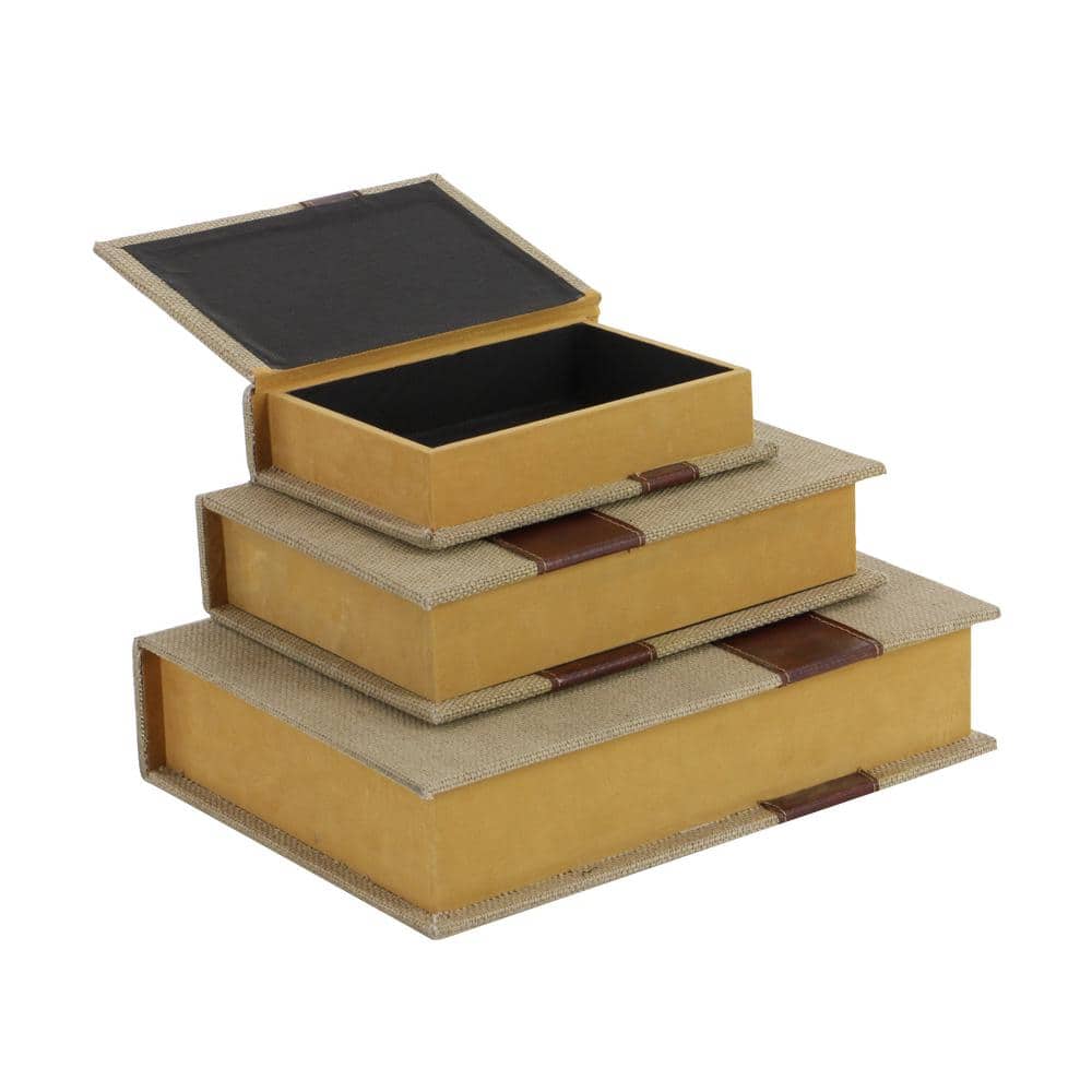 Set of 3 Beige and Brown Burlap Faux Leather Book Boxes