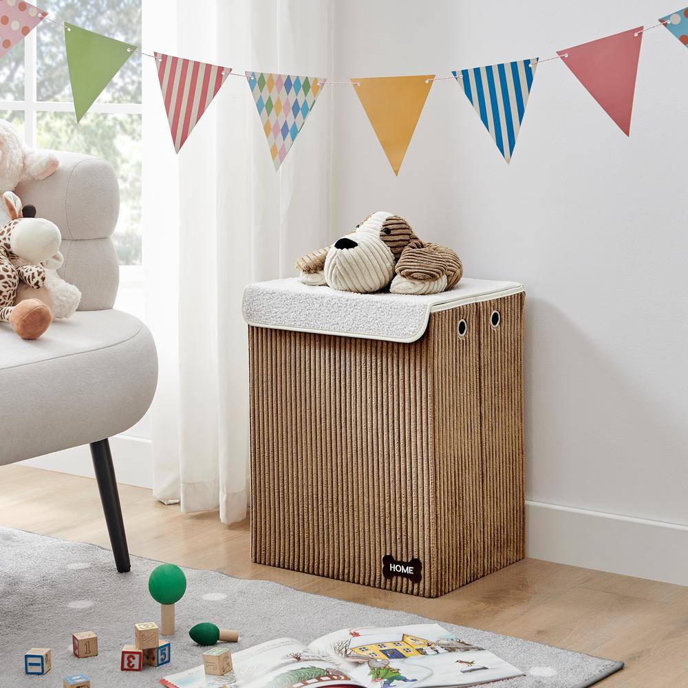 Brown Corduroy Collapsible Kids Hamper with Plush Dog Lid