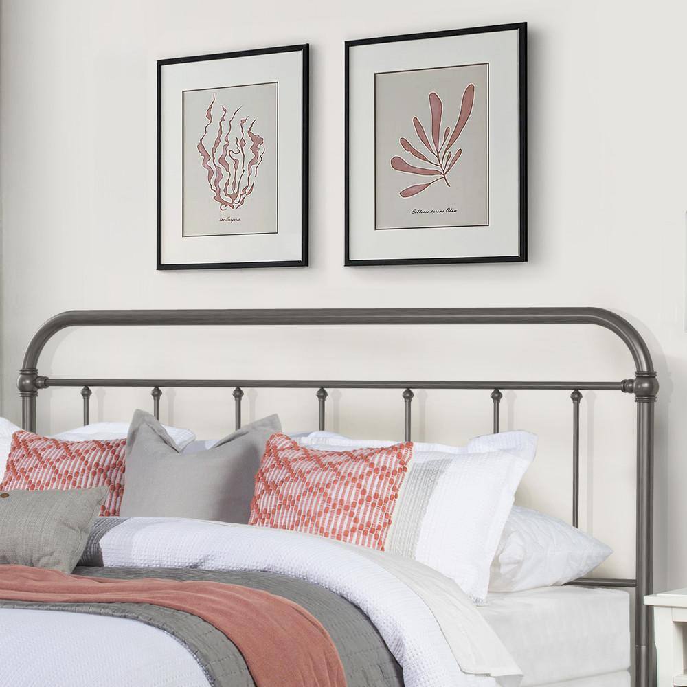 King Aged Pewter Metal Headboard with Spindle Design