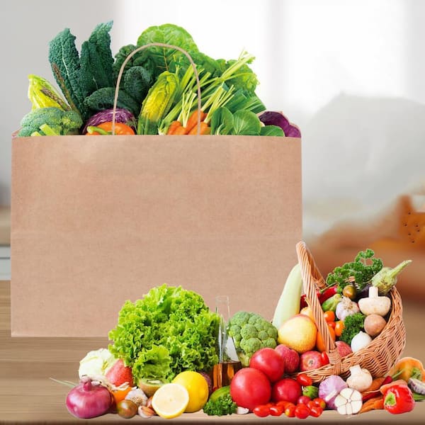 50-Piece Large Paper Bags with Handles, Brown Recyclable Kraft Shopping Paper Bags, Reusable Grocery Bag for Business