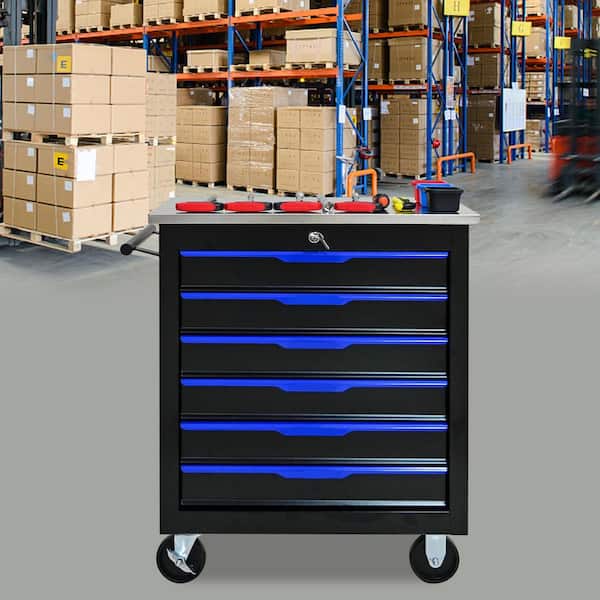 13.58 in. 6 Drawers Multifunctional Tool Cart Chests with Wheels-Black Plus Blue