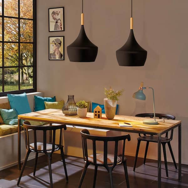 1-Light Industrial Farmhouse Matte Black Hanging Kitchen Island Pendant Light with Metal Dome Shade