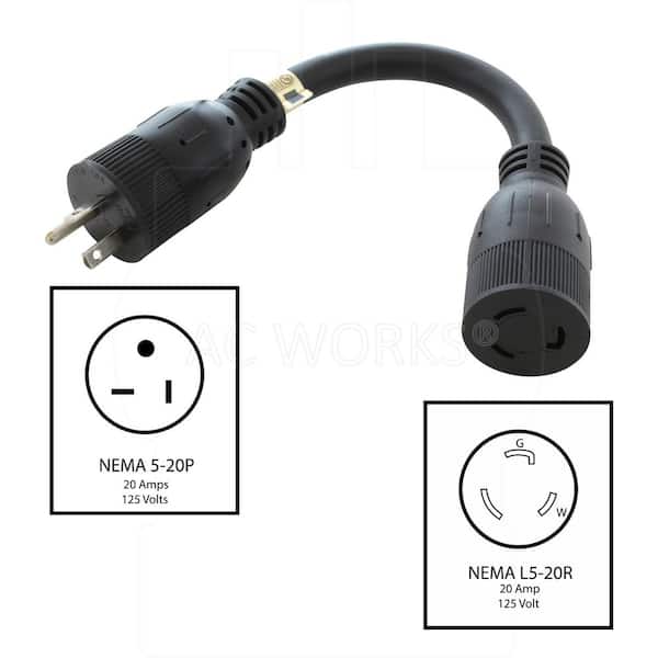 AC WORKS NEMA 5-20P 20A 125V Plug to Locking 20 Amp L5-20R Female