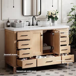 Cambridge 55 in. W x 22 in. D x 36 in. H Single Sink Bath Vanity in Oak with Pure White Quartz Top