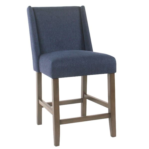 Benjara 35.75 in. Blue Low Back Wooden Frame Counter Stool with Fabric Seat