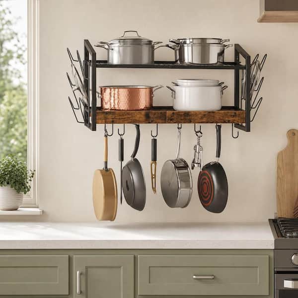 2-Tier Rustic Brown and Black Wall Mounted Pot Rack with 12-Hooks, Hanging Pot Rack, Kitchen Pot and Lid Organizer
