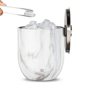 Stainless Steel 7 in. D 3 Qt. White Marble Ice Bucket Lid/Tongs - Bar Elegant Bartending Parties -Outdoor -Insulated