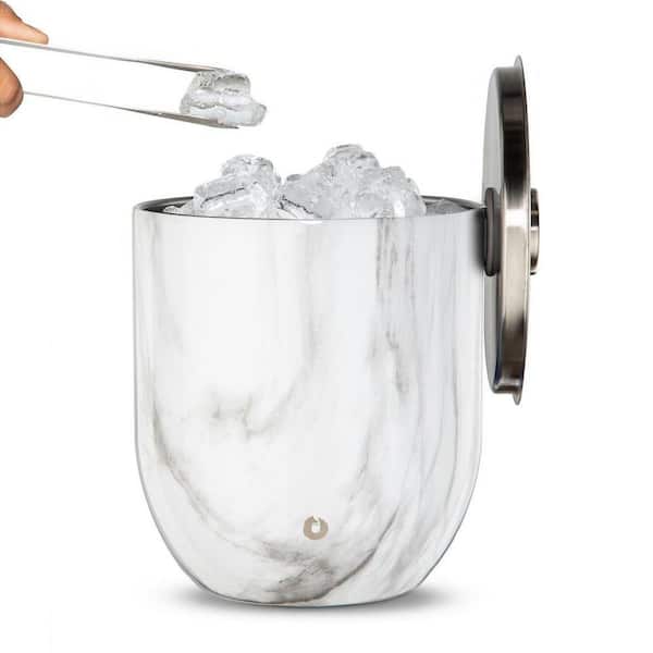 Adrinfly Stainless Steel 7 in. D 3 Qt. White Marble Ice Bucket Lid/Tongs - Bar Elegant Bartending Parties -Outdoor -Insulated