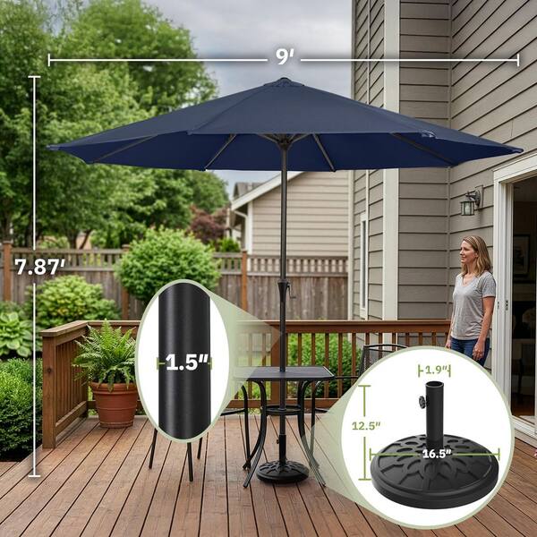 9 round patio umbrella Pure Garden 9 ft Umbrella with Base, Navy Blue