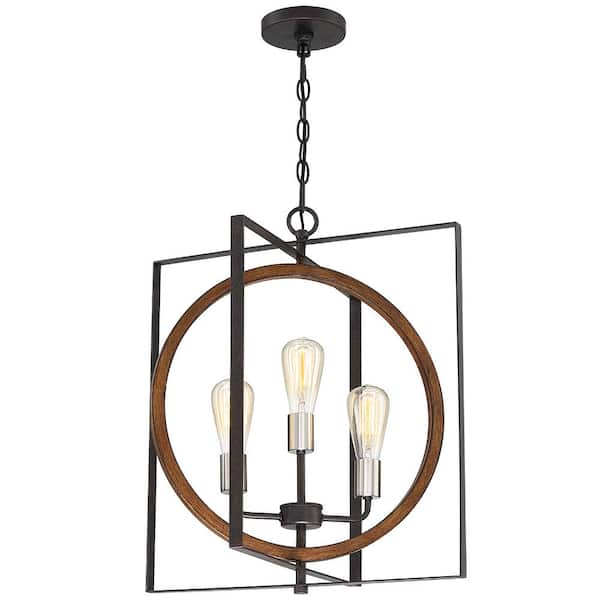TRUE FINE Contrast 20 in. 3-Light Rust Bronze/Wood Tone Rustic Chandelier