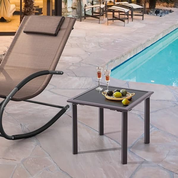 Square Metal Outdoor Side Table in Brown with Tempered Glass Tabletop